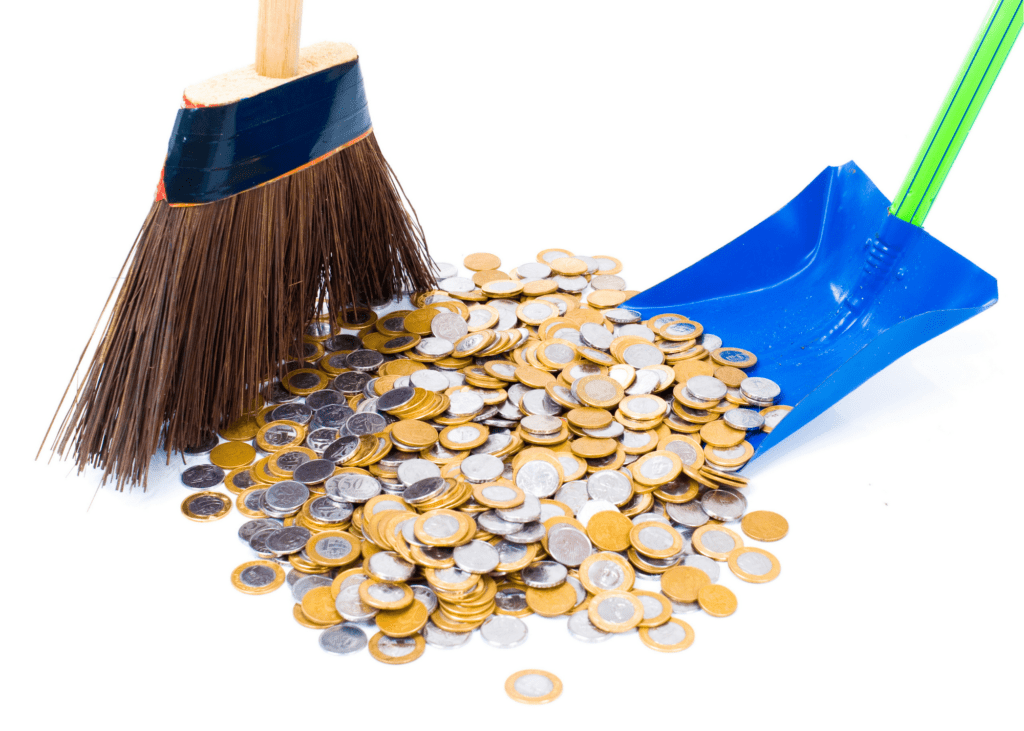 clean up with a broom and dust pan sweeping up money